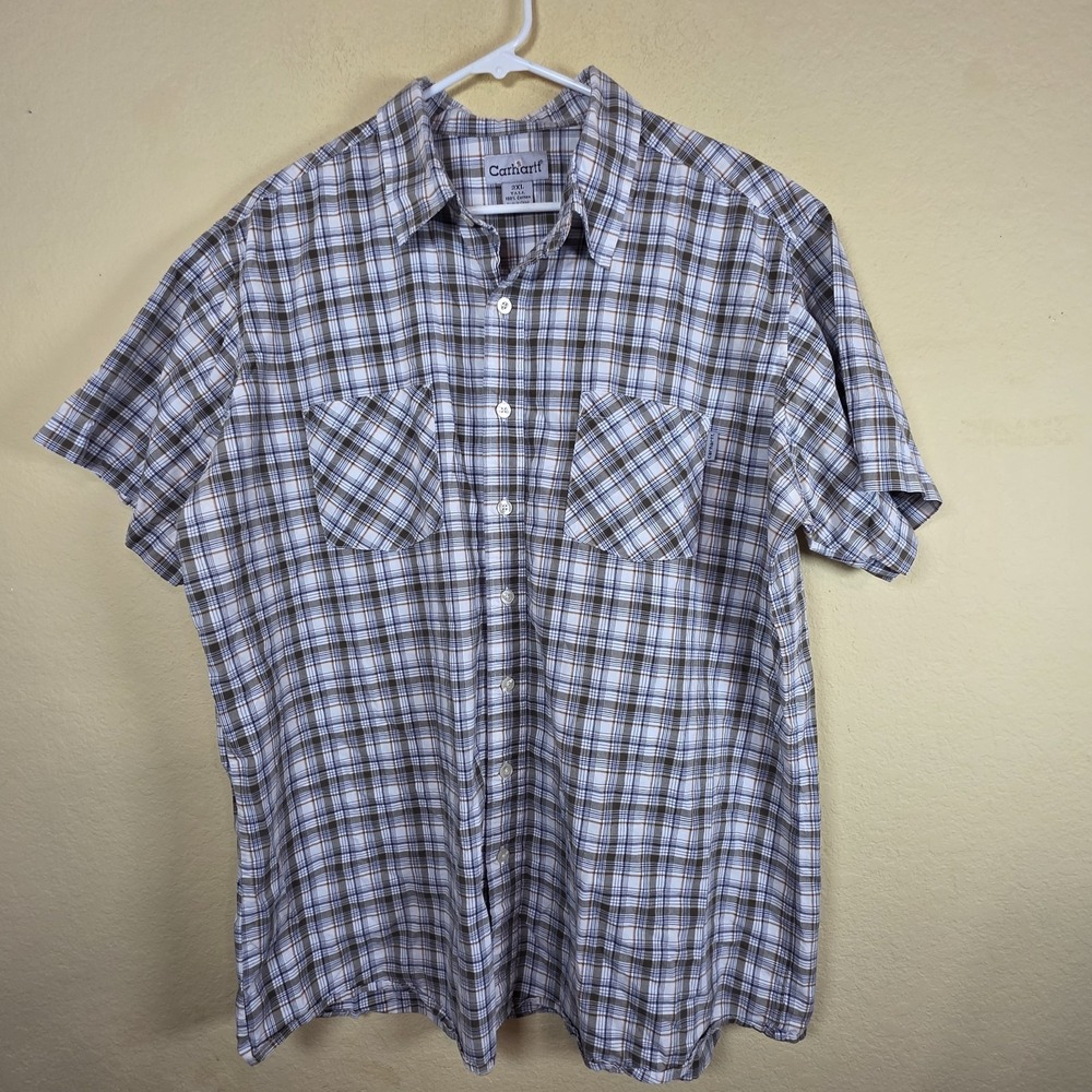 Carhartt Shirt Mens 2XL Tall White brown orange Plaid‎ Short Sleeve western